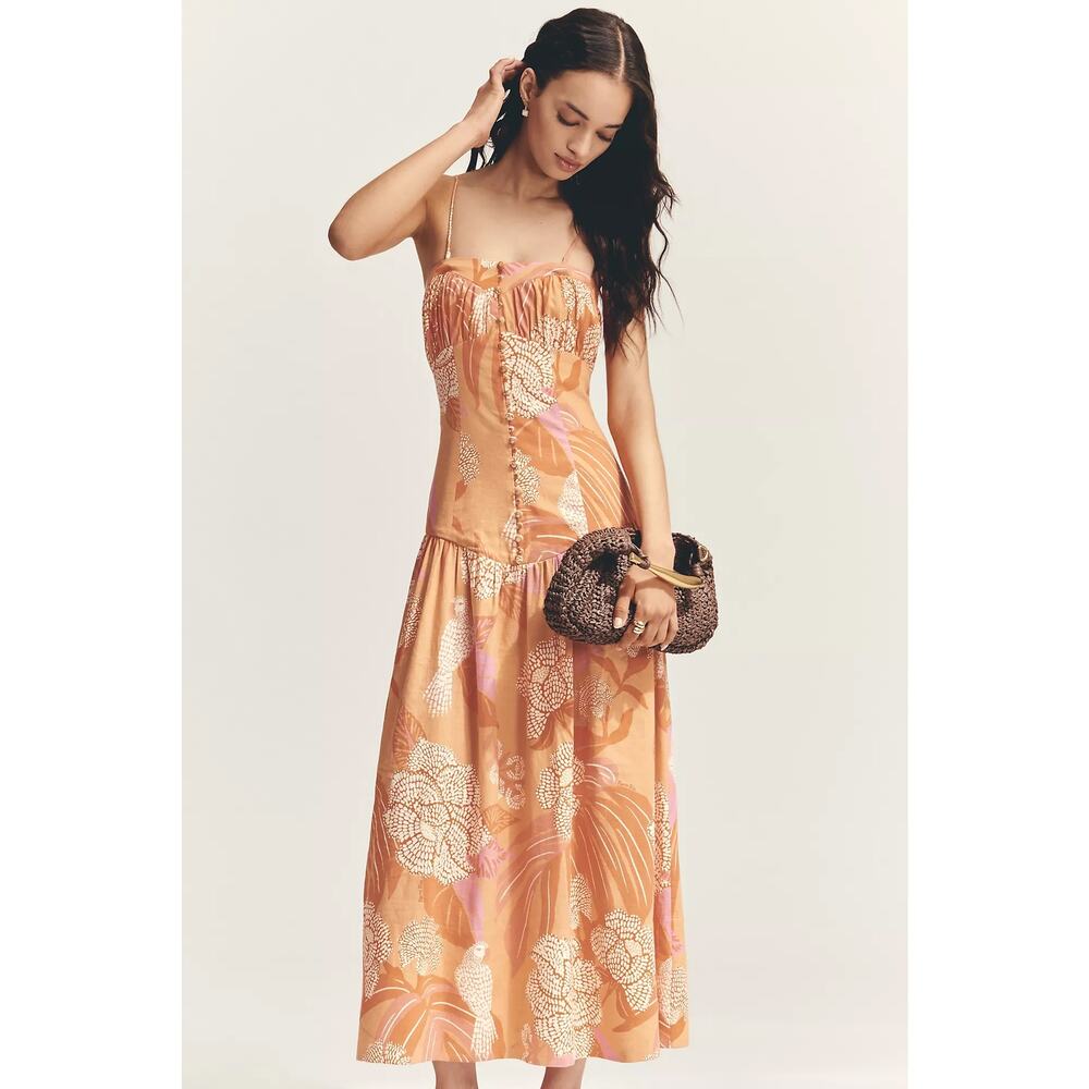 Farm Rio x Anthropologie Linen Blend Strapless Drop-Waist Maxi Dress